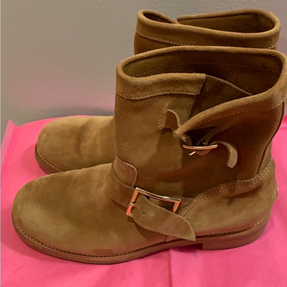 Jimmy Choo Tan Suede Moto Biker Buckled Ankle Boots Size 38